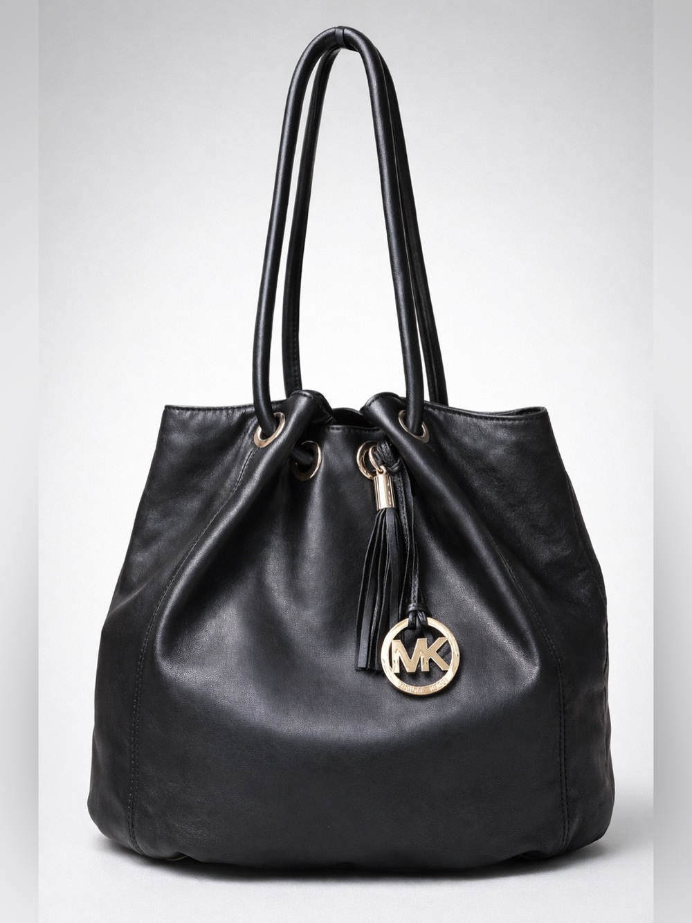 Michael Kors Marina Large Leather Drawstring Shoulder Tote Black – Gold Hardware